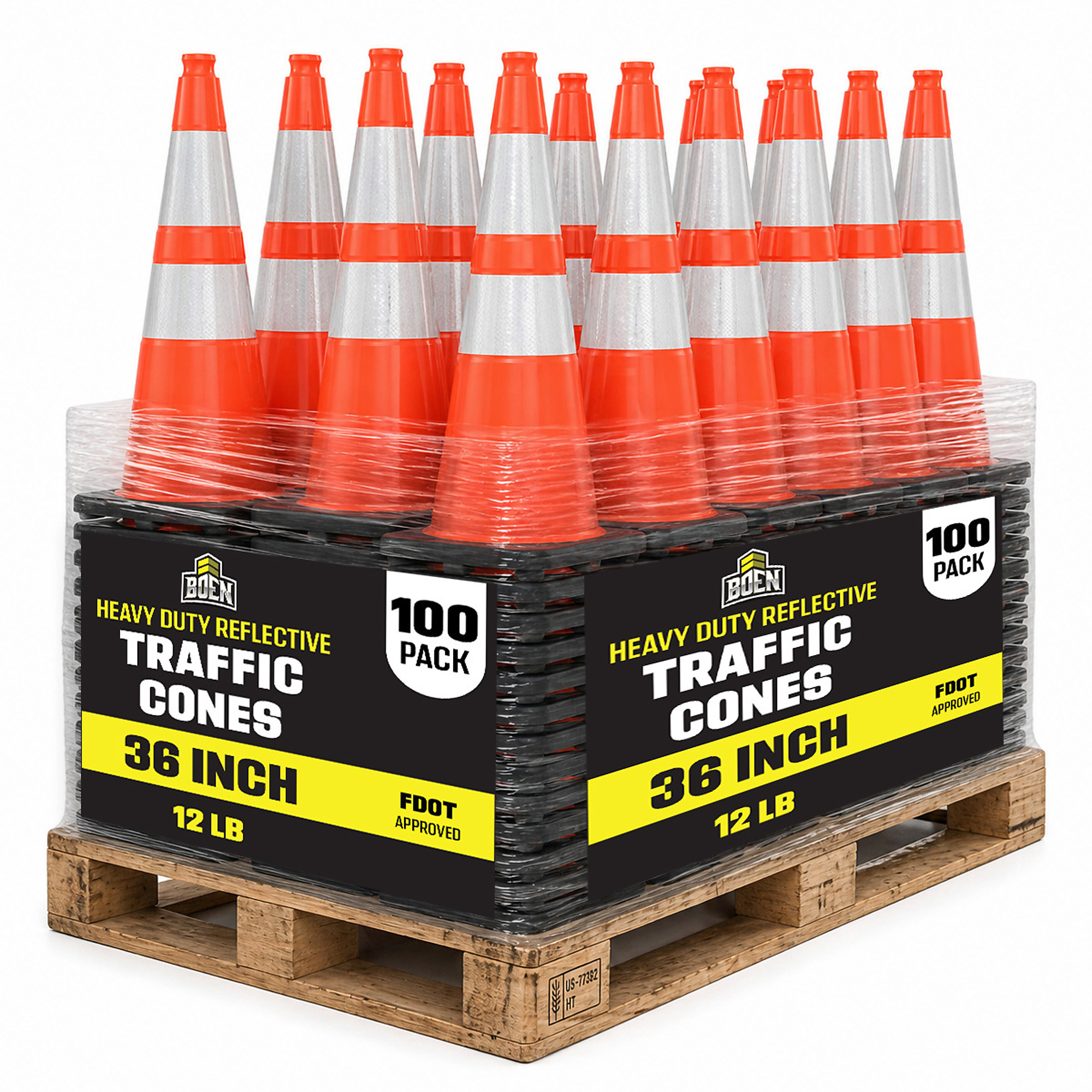Boen 36 in, Orange Traffic Cones, 100-Pack, Florida DOT Approved MUTCD Compliant Traffic Cones with 2 Reflective Collars & 12 lb. Heavy-Duty Base for Road Work & Traffic Control